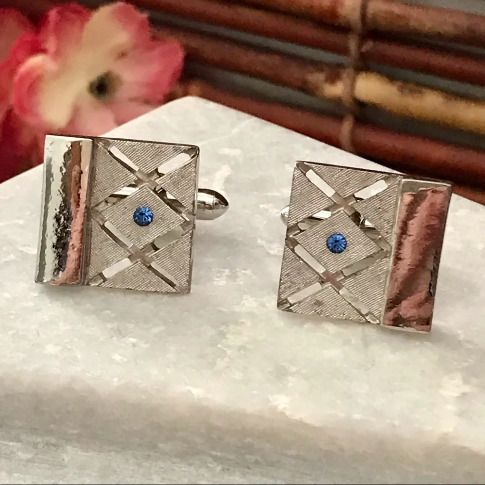 Swank Cufflinks Square Silvertone with Blue stone
